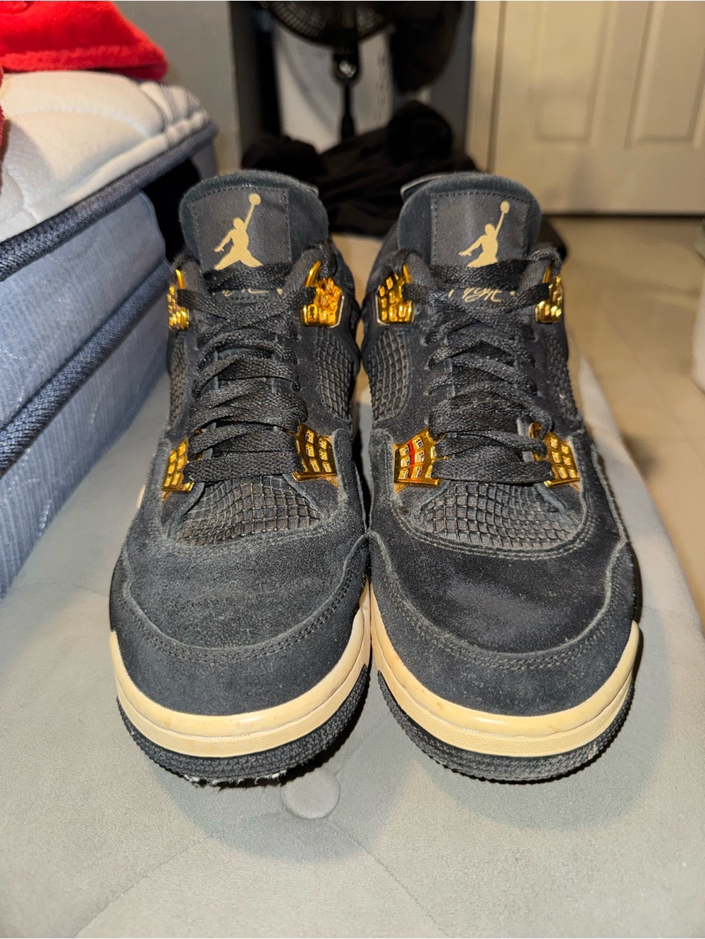 Nike Air Jordan 4 Retro Men's Black and Gold Suede Sneakers